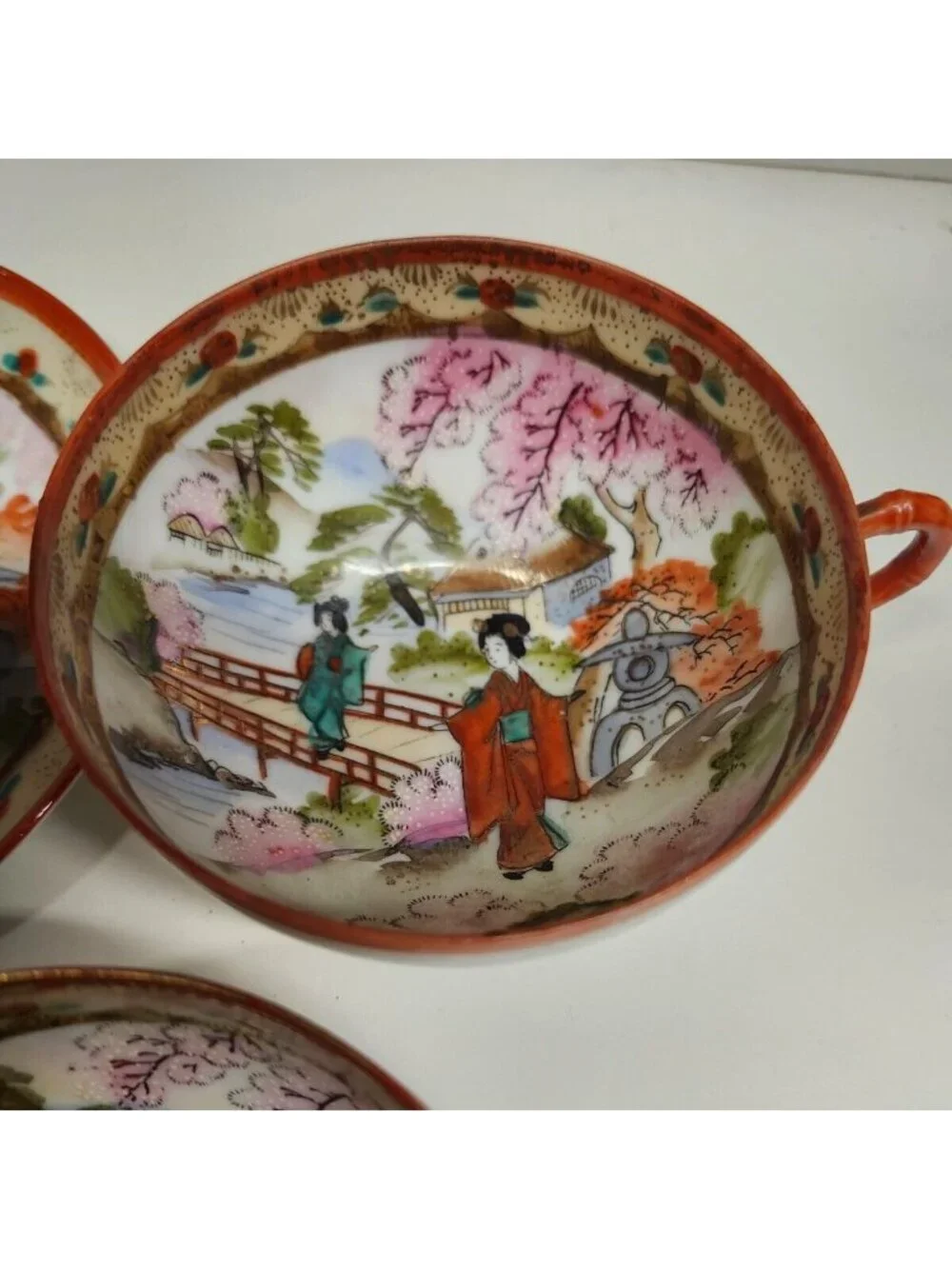 Japanese Moriage Porcelain Teacup & Plate Set Hand Painted Gorgeous Gold Gilt Vi